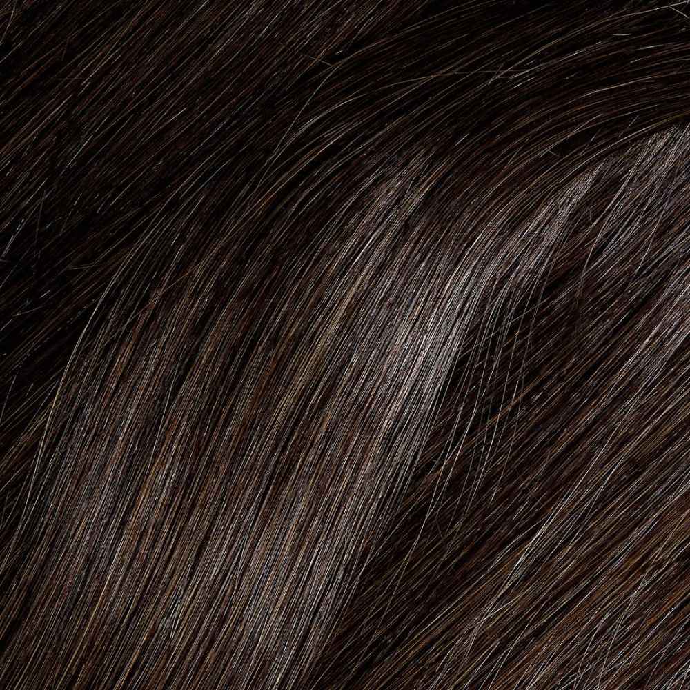 Close-up of the Dark Brown Remy human hair shade, showing its natural depth and silky shine