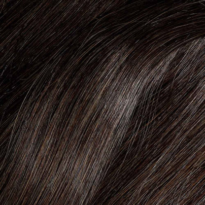 Close-up of the Dark Brown Remy human hair shade, showing its natural depth and silky shine