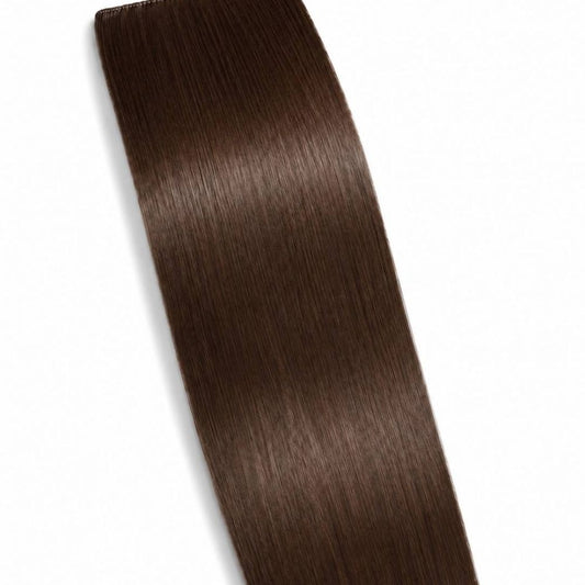 A Mocha ponytail hair extension displayed on a clean white background, showing its smooth Remy Human Hair texture.