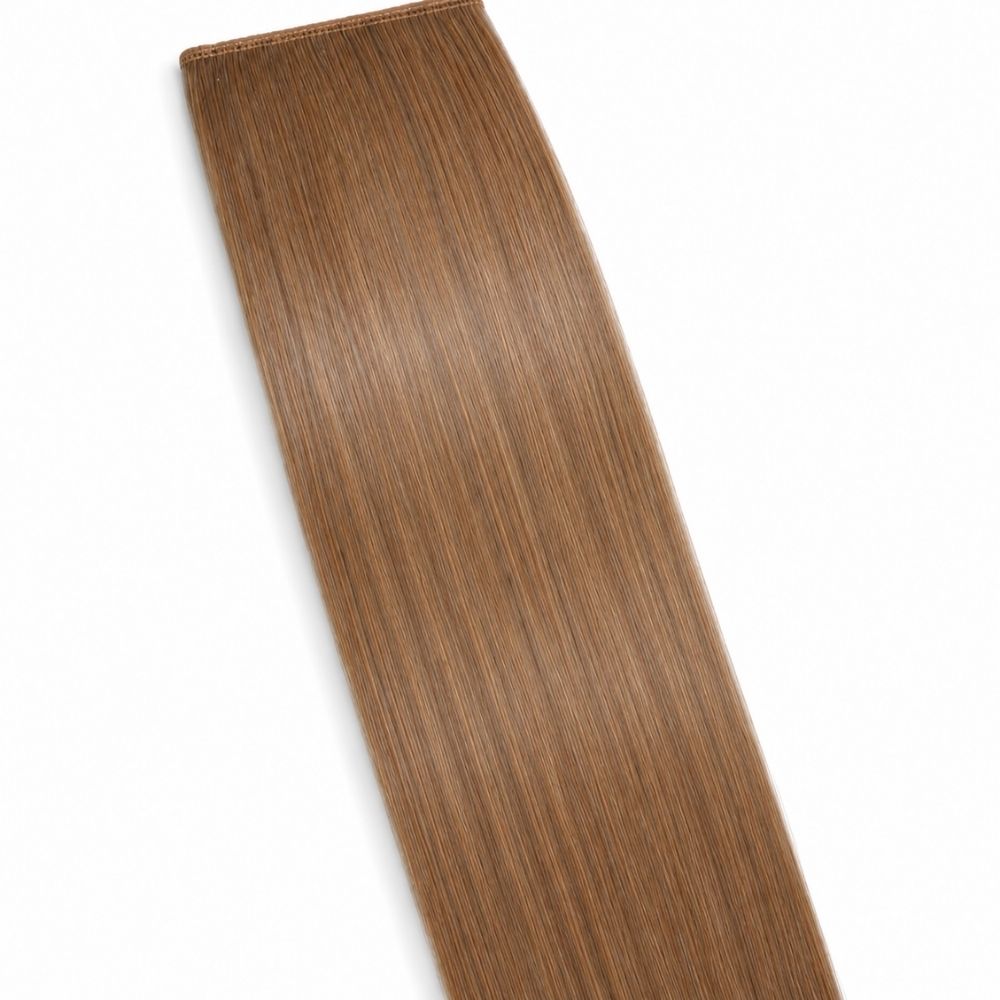 Chestnut brown ponytail hair extension displayed on a clean white background, showing its smooth Remy Human Hair texture.
