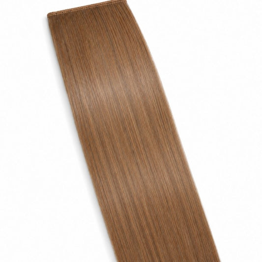 Chestnut brown ponytail hair extension displayed on a clean white background, showing its smooth Remy Human Hair texture.