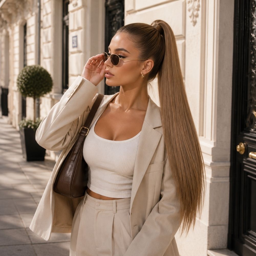 Chestnut brown ponytail hair extension displayed on a clean white background, showing its smooth Remy Human Hair texture.