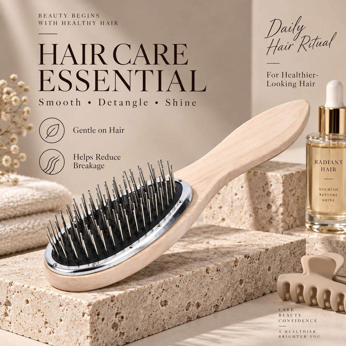 Wooden detangling hair brush for extensions and natural hair on a light neutral studio surface