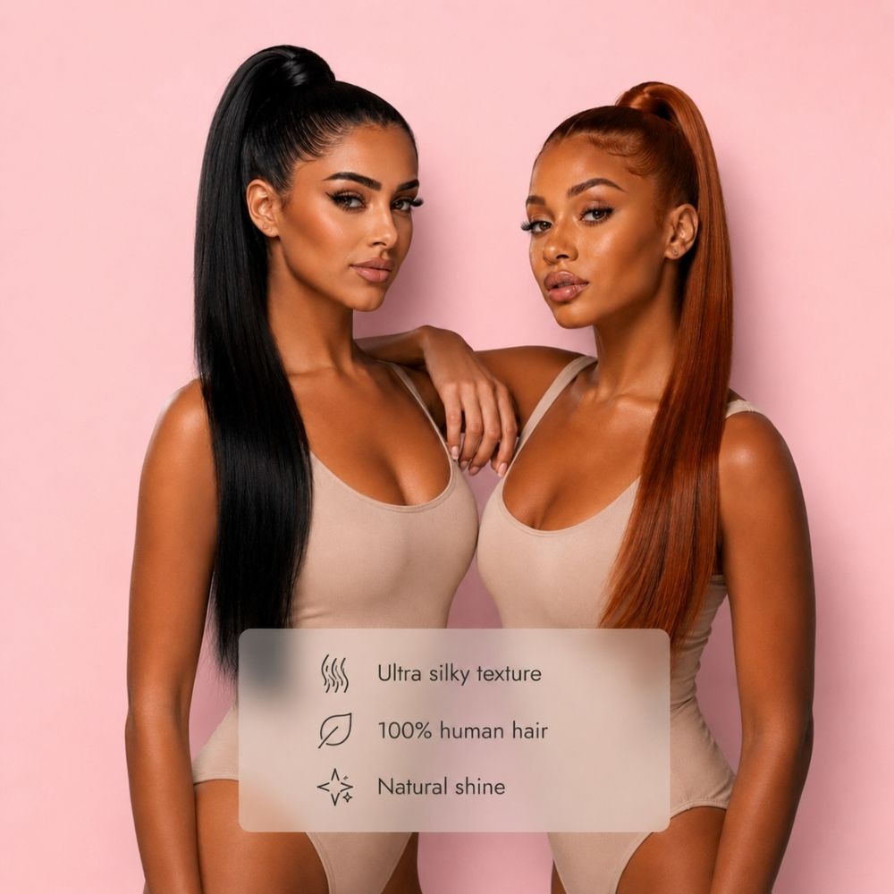 Two models showcasing 100% Remy Human Hair extensions with a silky smooth texture and natural shine.