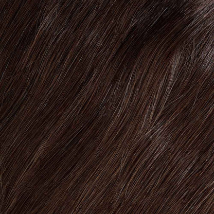 Close-up of the Soft Brown Remy human hair shade with warm chocolate reflections