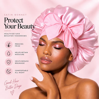 Pink satin sleep bonnet infographic showing frizz reduction, moisture retention, reduced breakage and all-night comfort