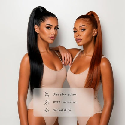 Long straight Remy human hair ponytail extensions, 150g, silky natural finish