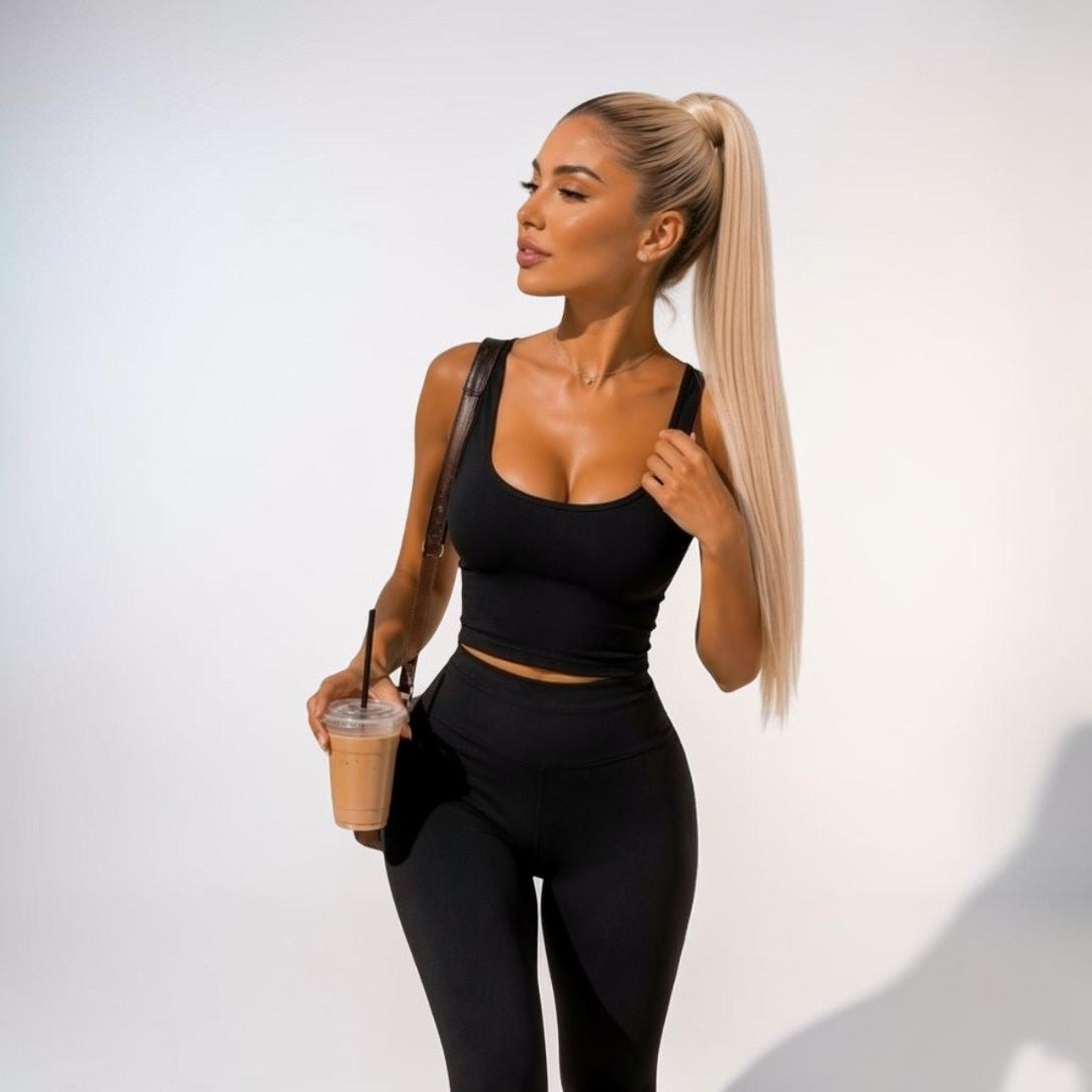 Vanilla blonde human hair ponytail extension in a soft creamy blonde shade